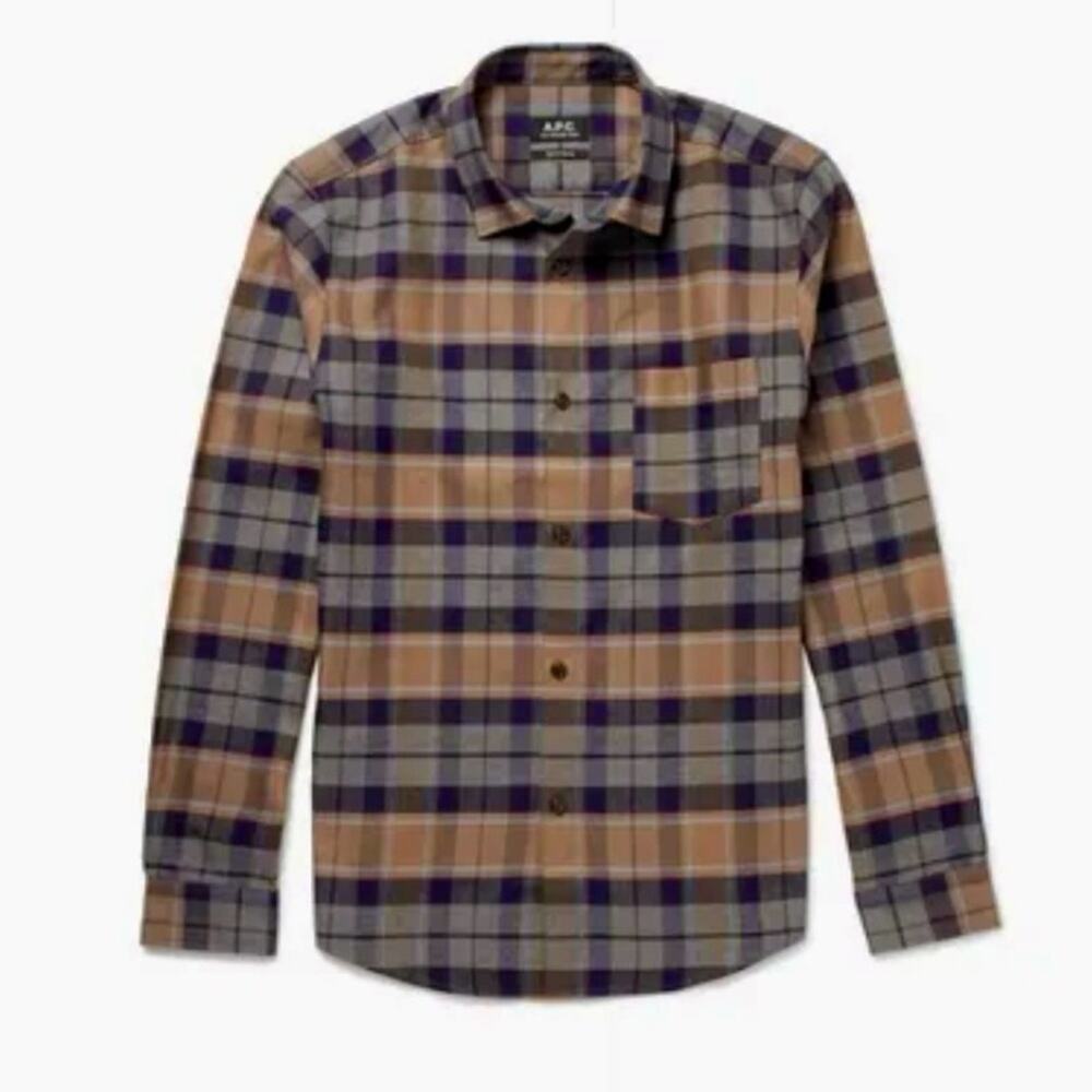 A.P.C. Men's Brown and Blue Plaid Button-Down Shirt with front patch pocket XL
